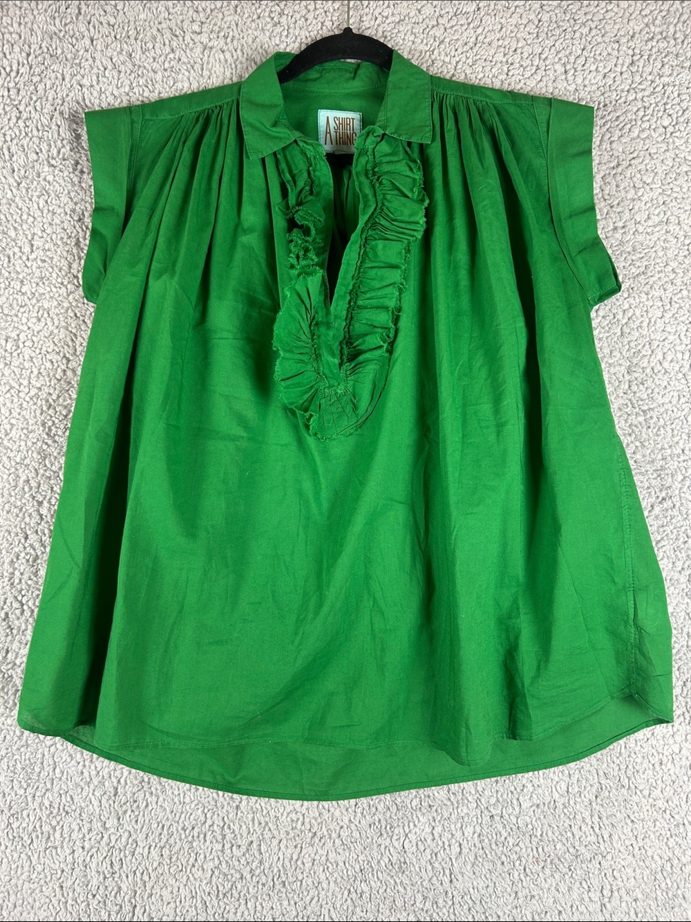 A Shirt Thing Relaxed Flowy Style Frayed Ruffles Green Cotton Top Size S - Picture 3 of 15
